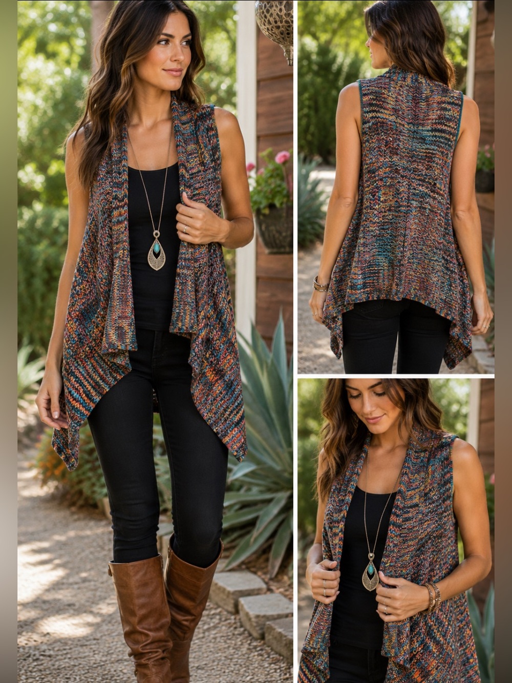 Multicolor Boho Waterfall Knit Vest Festival Hippie M